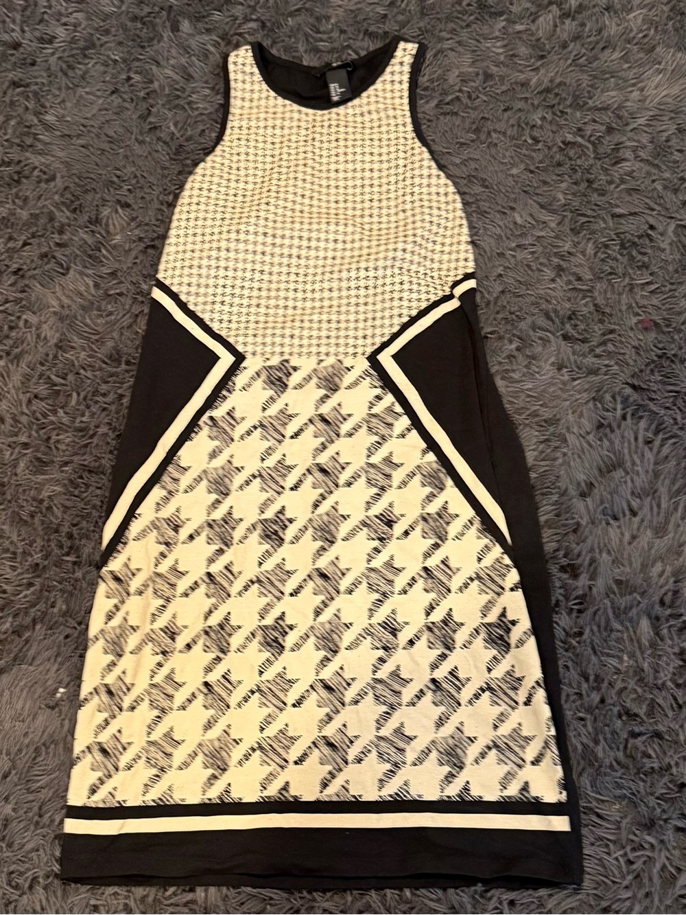 H&M Black and White Houndstooth-Panel Midi Dress